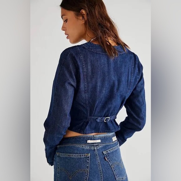 🎉LAST PIECE🎉 Free People Caroline Blouse Top Corset Long Sleeves Denim - Picture 7 of 8